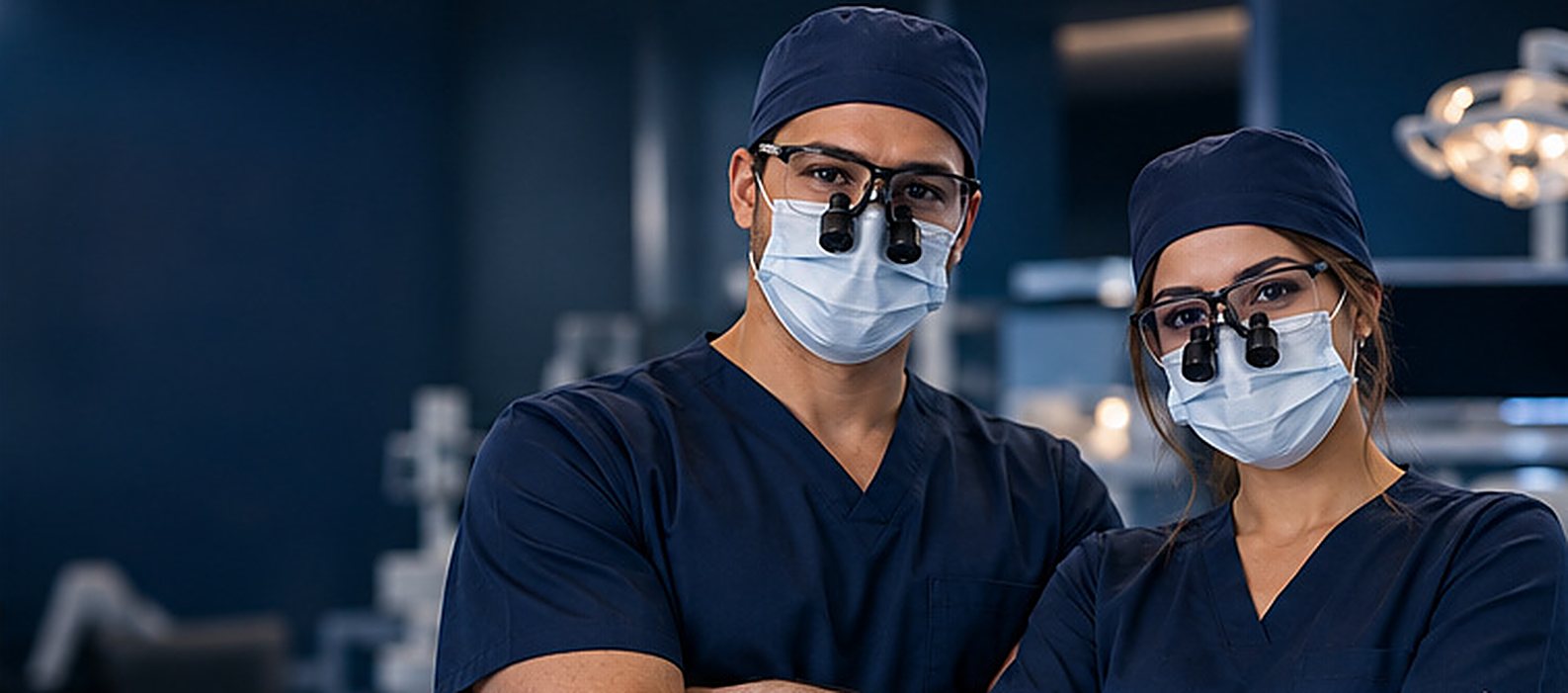 Dentistas com touca, óculos lupa e pijama cirúrgico azul-marinho (imagem ilustrativa)