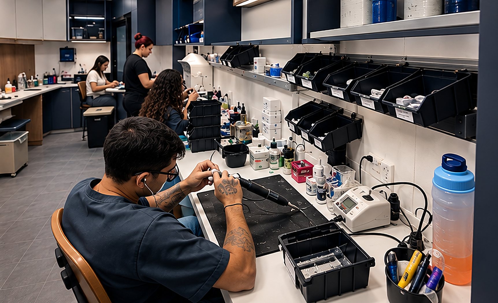 Técnicos trabalhando no laboratório de prótese próprio da Odonto Liberty